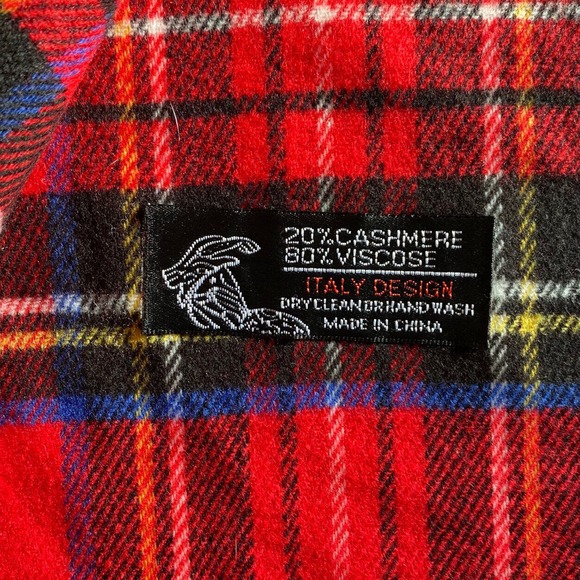 ITALY DESIGN 20% Cashmere and 80% Viscose Red Plaid Long Scarf UNISEX - Picture 2 of 2